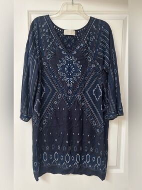 Love Sam Navy Blue Embroidered V-Neck Tunic Top Dress | Boho Chic